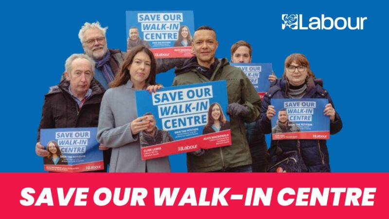 Alice Macdonald MP, Clive Lewis MP and campaigners at a protest to save the walk-in centre